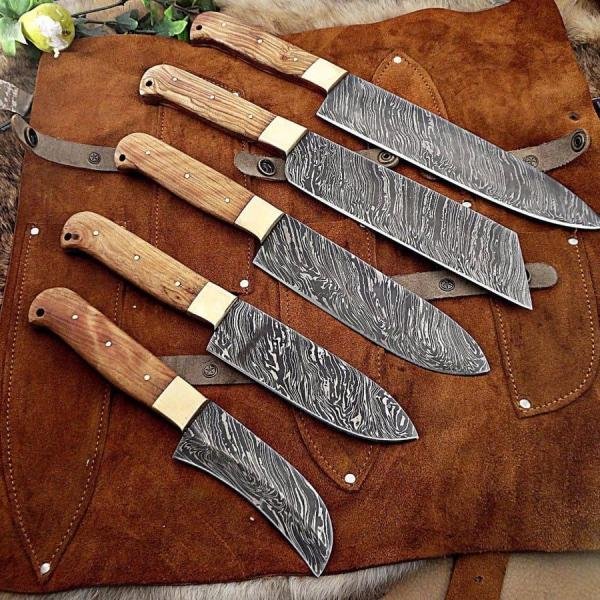5-Piece Handmade Damascus Chef Knife Set with Full-Tang Blades & Leather Roll